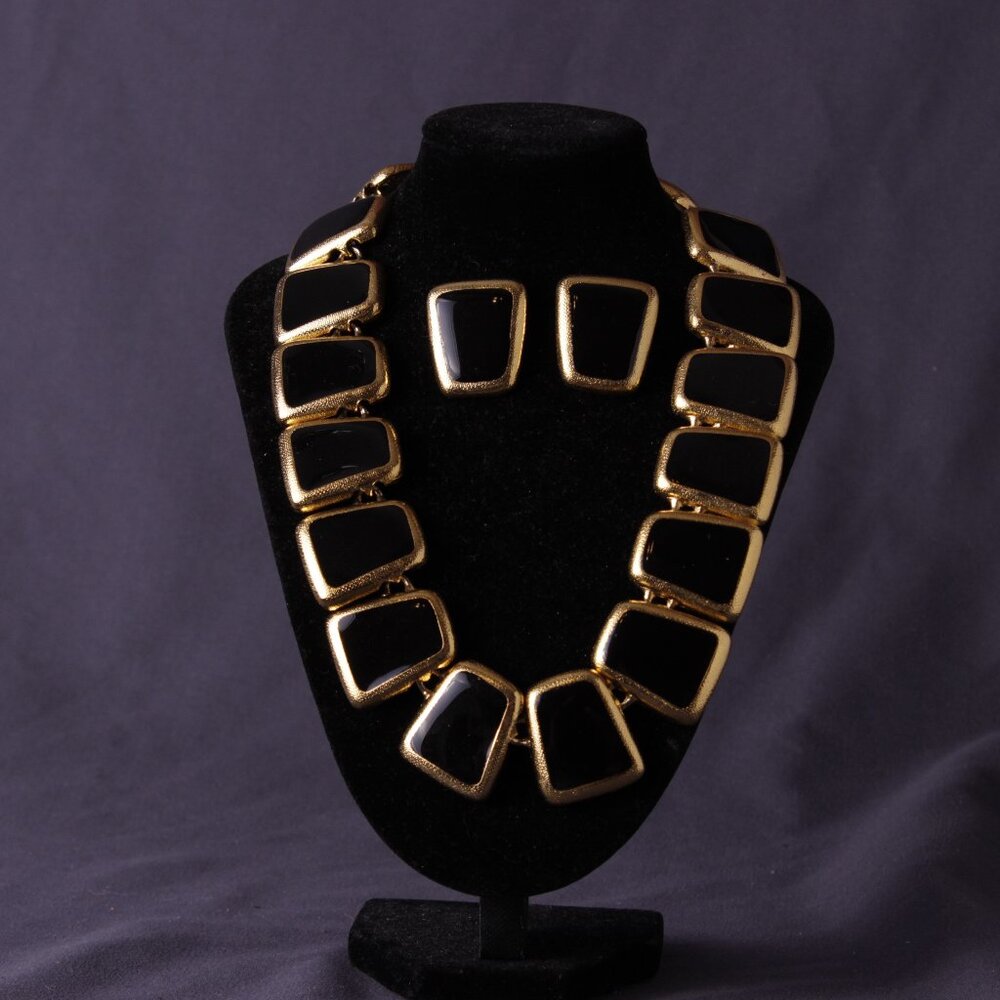 Anne Klein Black and Gold Statement Necklace with Clip Earrings